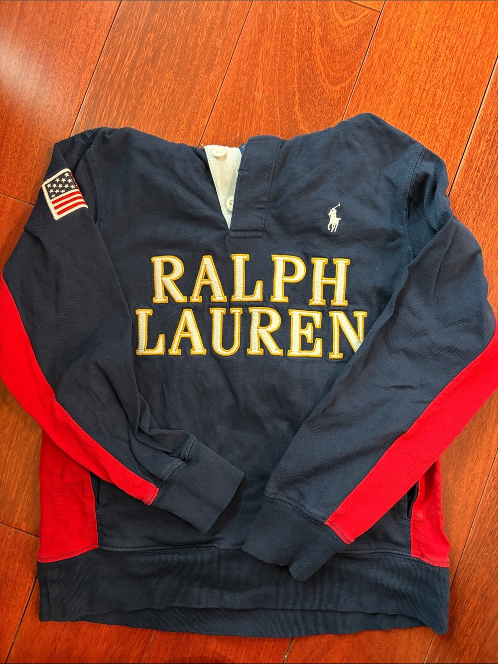 Ralph Lauren Navy Hoodie with Red Side Panels and Gold Lettering